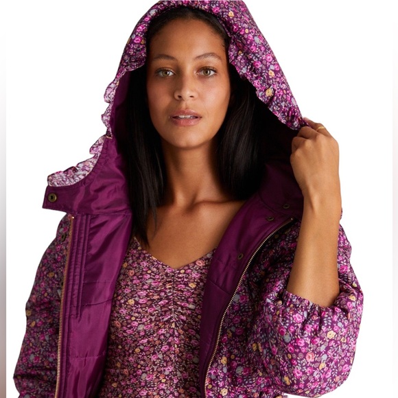LoveShackFancy Modena Puffer Quilted Floral Print Jacket in Cherry Wine - Picture 2 of 10